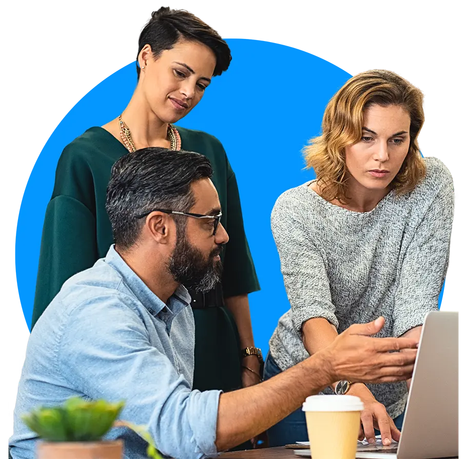 Three persons having a team discussion with blue ad white background